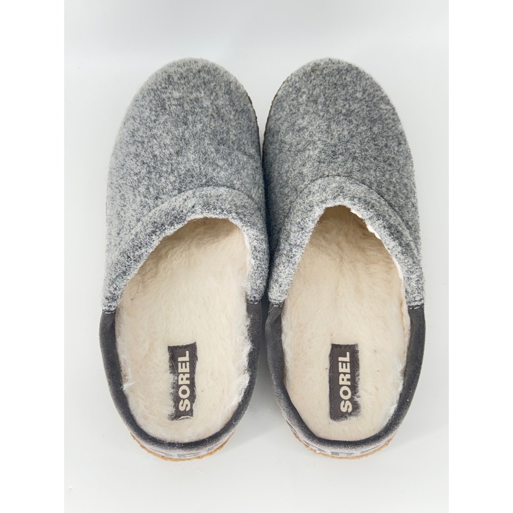Sorel Nakiska Scuff Slippers Women 9 Gray Wool Faux Fur Lined Mule Shoes